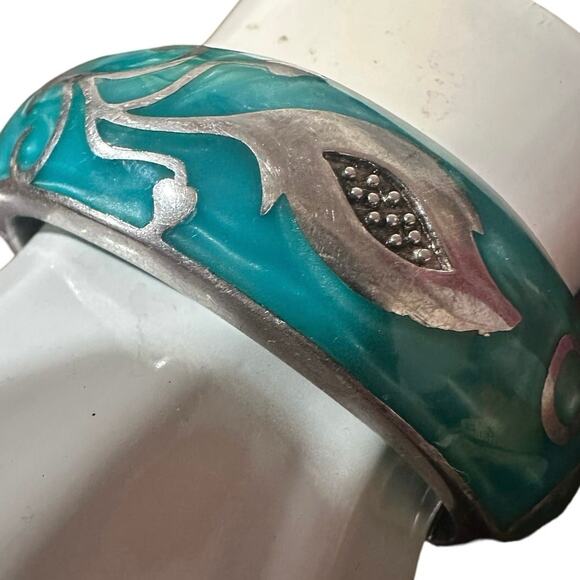 ANDREW HAMILTON CRAWFORD 925 Silver Teal Cuff Botanical Vine Modernist Bracelet - Picture 12 of 16